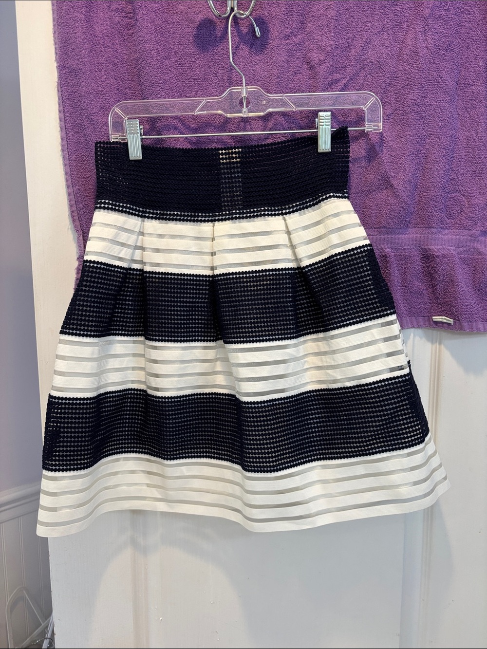 NWT Francesca's Collections Navy and White Striped Fit-and-Flare Skirt
